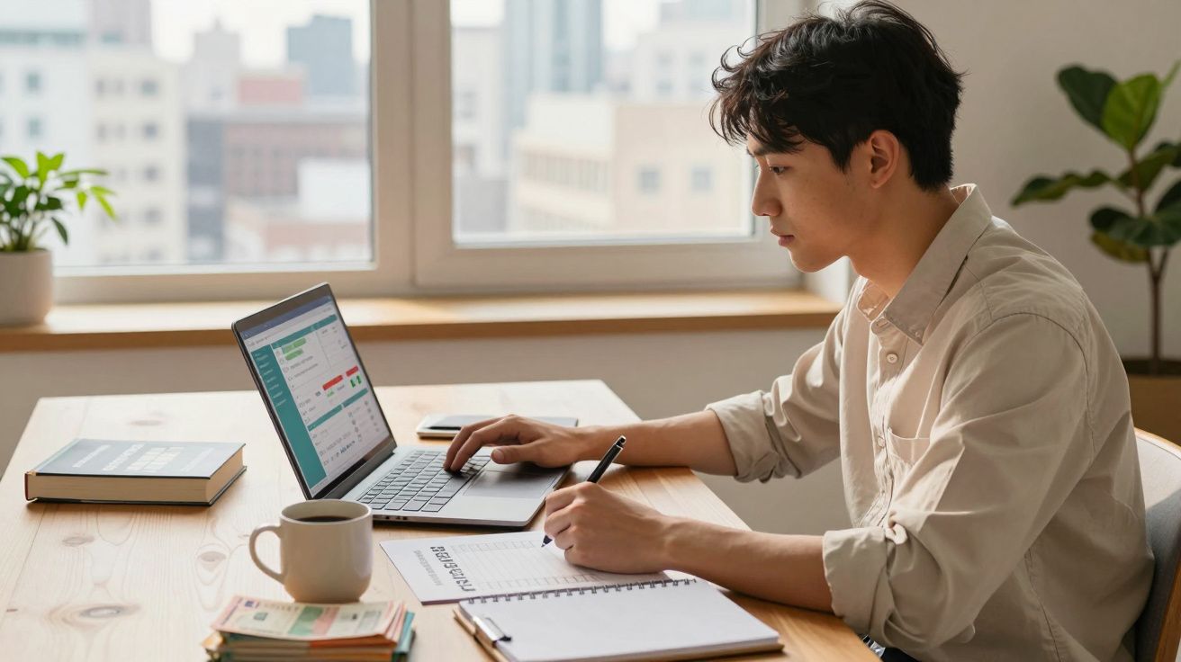 Jovem trabalhando em laptop e fazendo anotações em caderno, sentado à mesa próxima à janela.