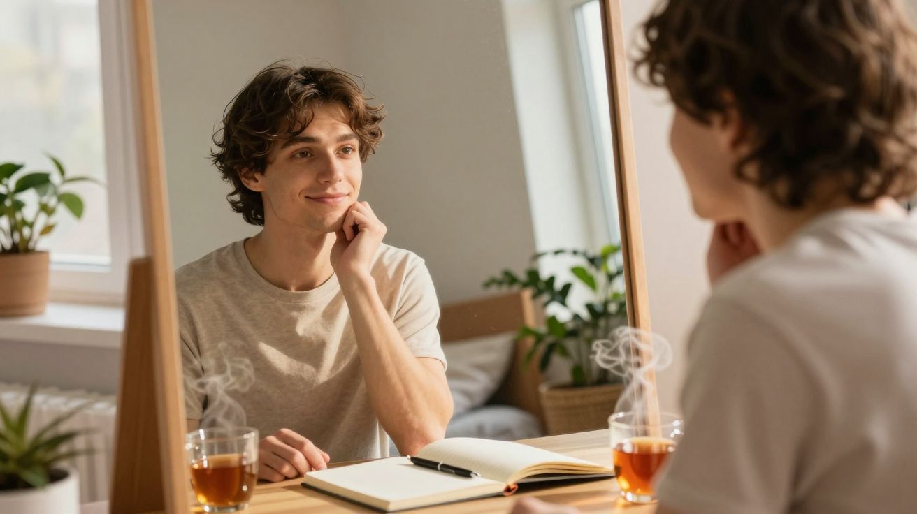 Jovem sentado em frente a espelho sorrindo, com caderno aberto e xícara de chá fumegante na mesa.