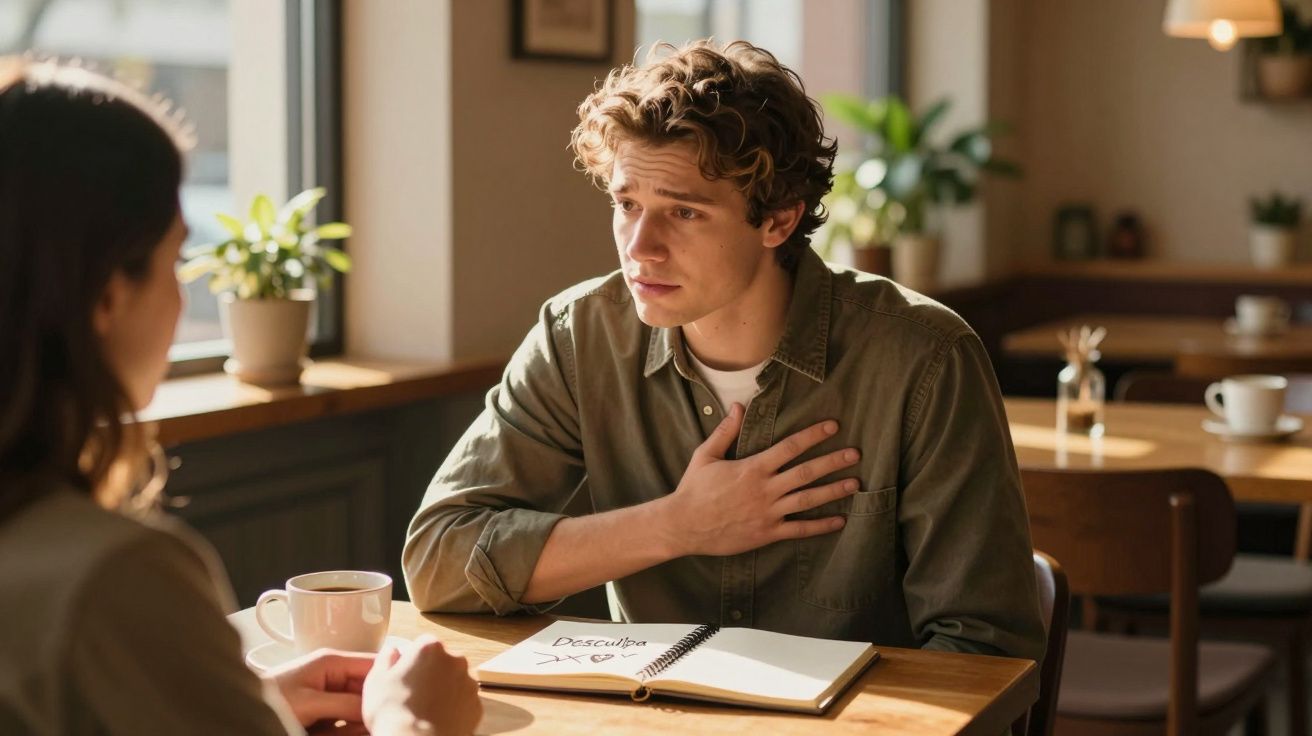 Homem jovem sentado em mesa de café pedindo desculpas para mulher em ambiente iluminado.