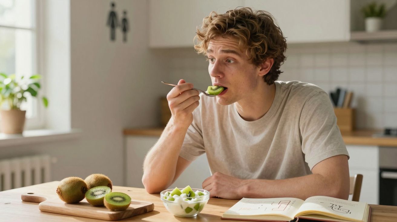 Jovem sentado à mesa comendo kiwi enquanto lê livro em cozinha clara e arejada.
