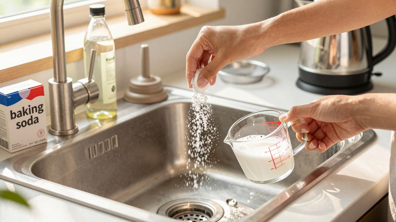Mãos despejando bicarbonato de sódio na pia da cozinha, ao lado de um copo com líquido branco.