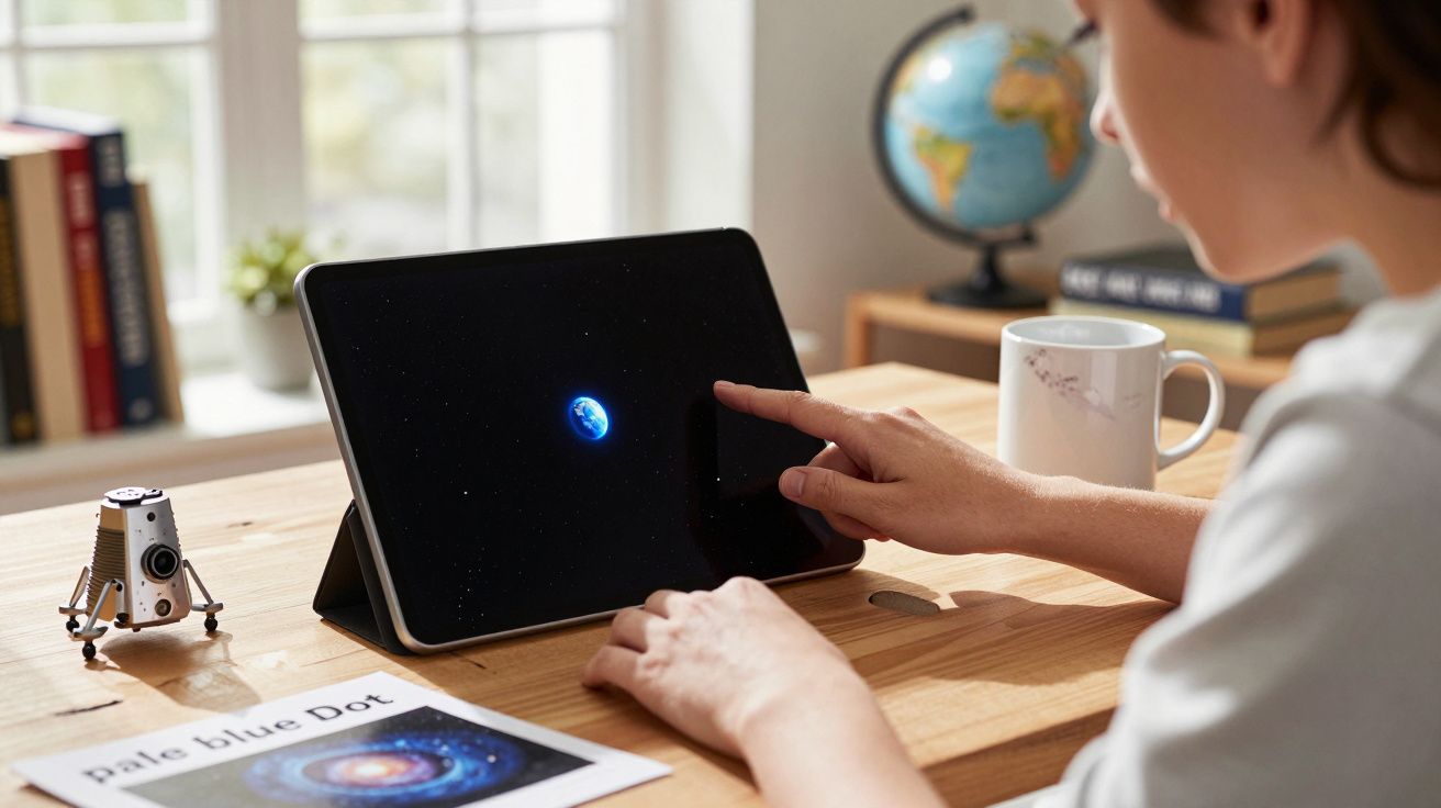 Criança explorando imagem da Terra no espaço em tablet, com livros, globo e modelo de nave na mesa.