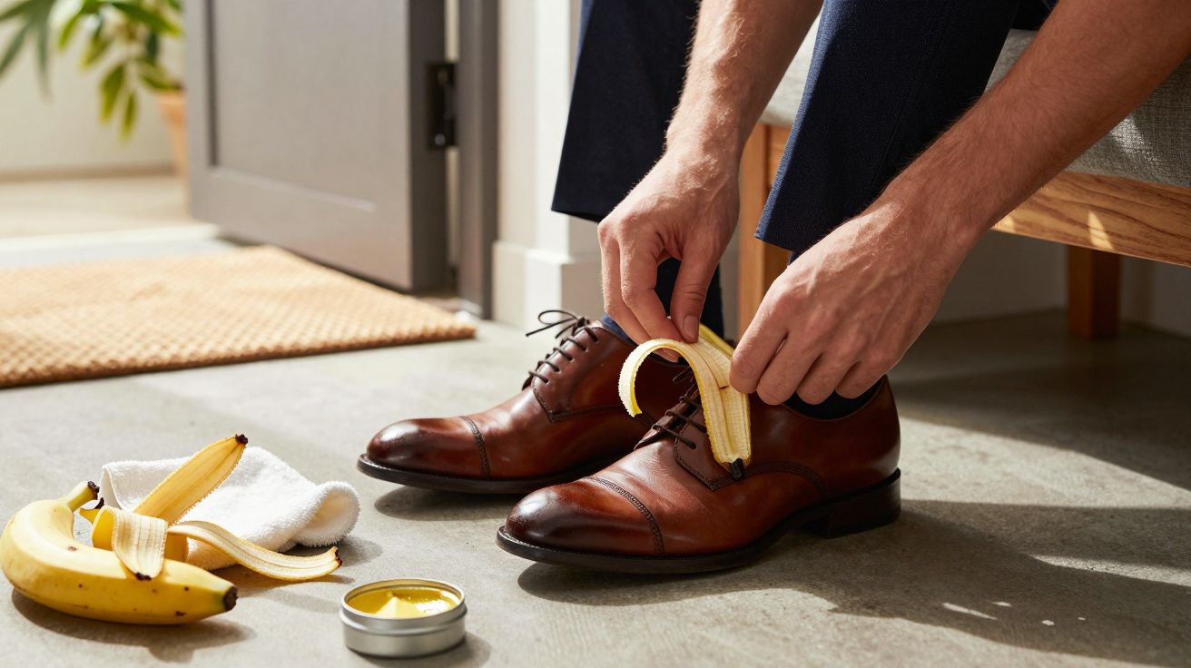 Pessoa aplicando polidor com casca de banana em sapato social marrom, ao lado de pano branco e creme para calçados.