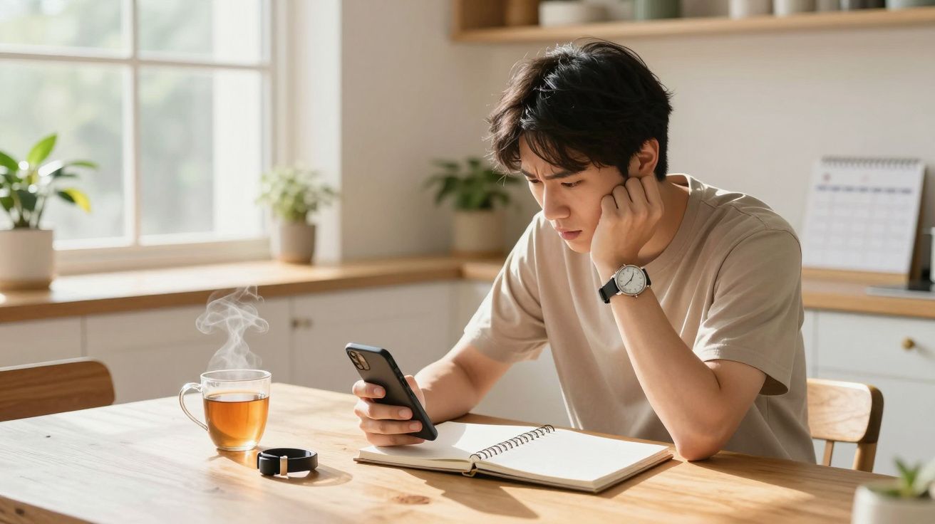 Homem jovem sentado à mesa olhando para o celular com caderno aberto e chá fumegante ao lado.