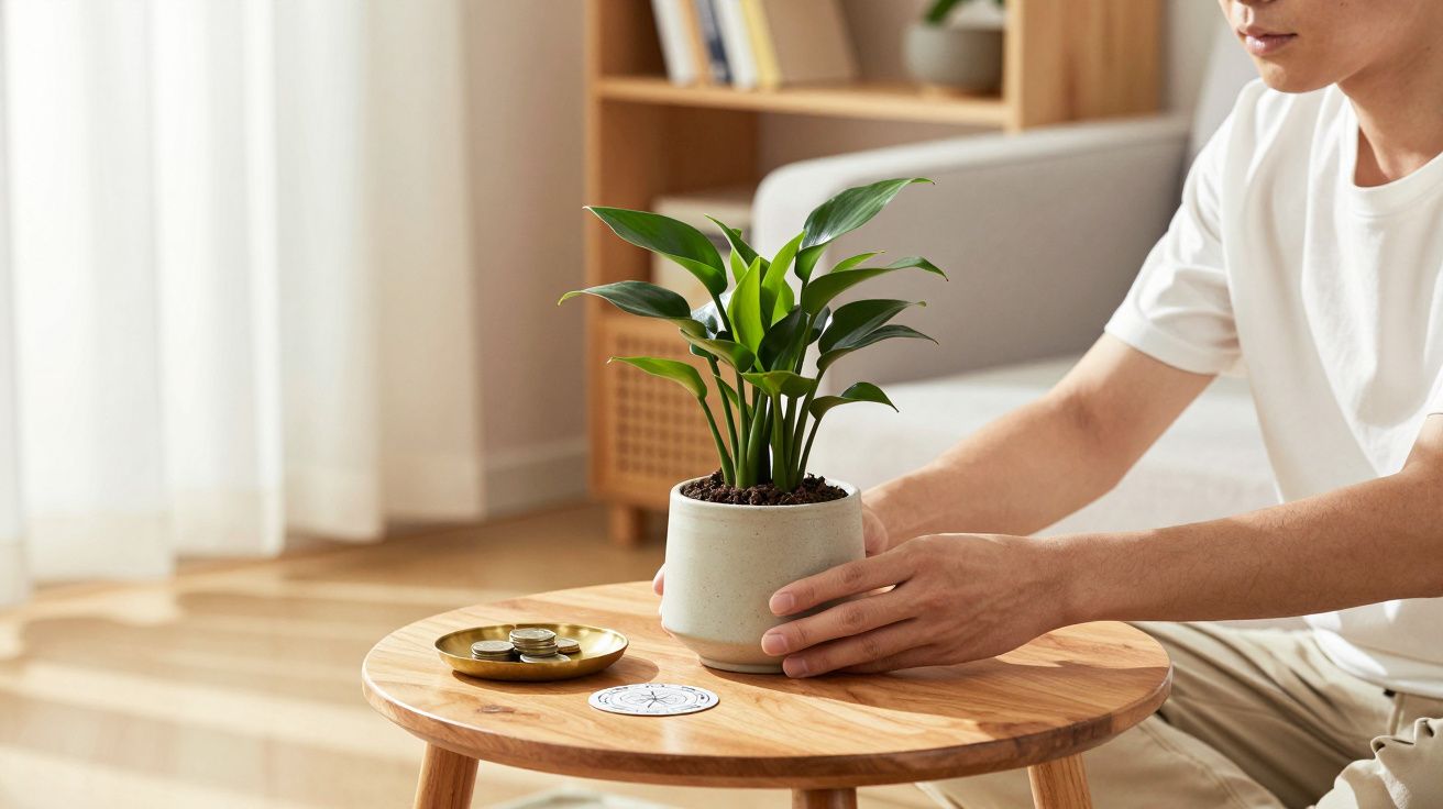 Pessoa colocando vaso de planta verde numa mesa de madeira em ambiente com luz natural.