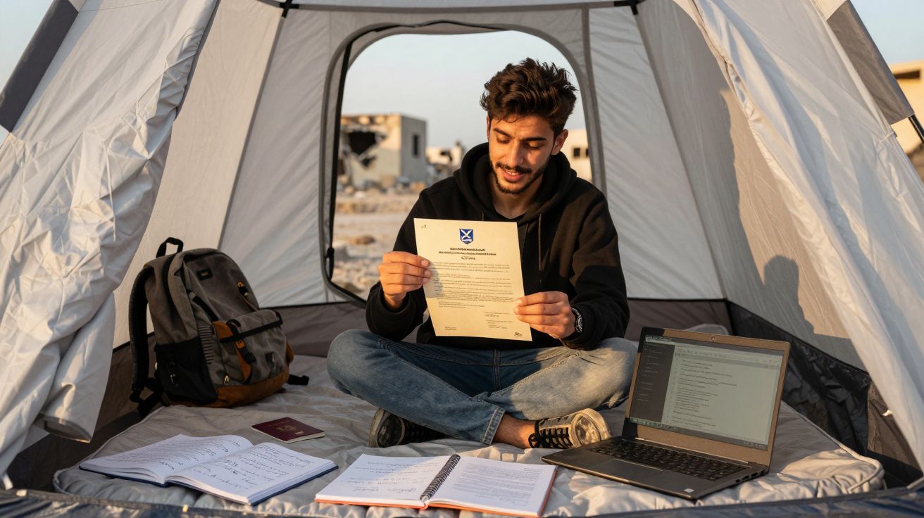 Jovem sentado em barraca lendo documento, com mochila, caderno e notebook ao redor em ambiente ao ar livre.