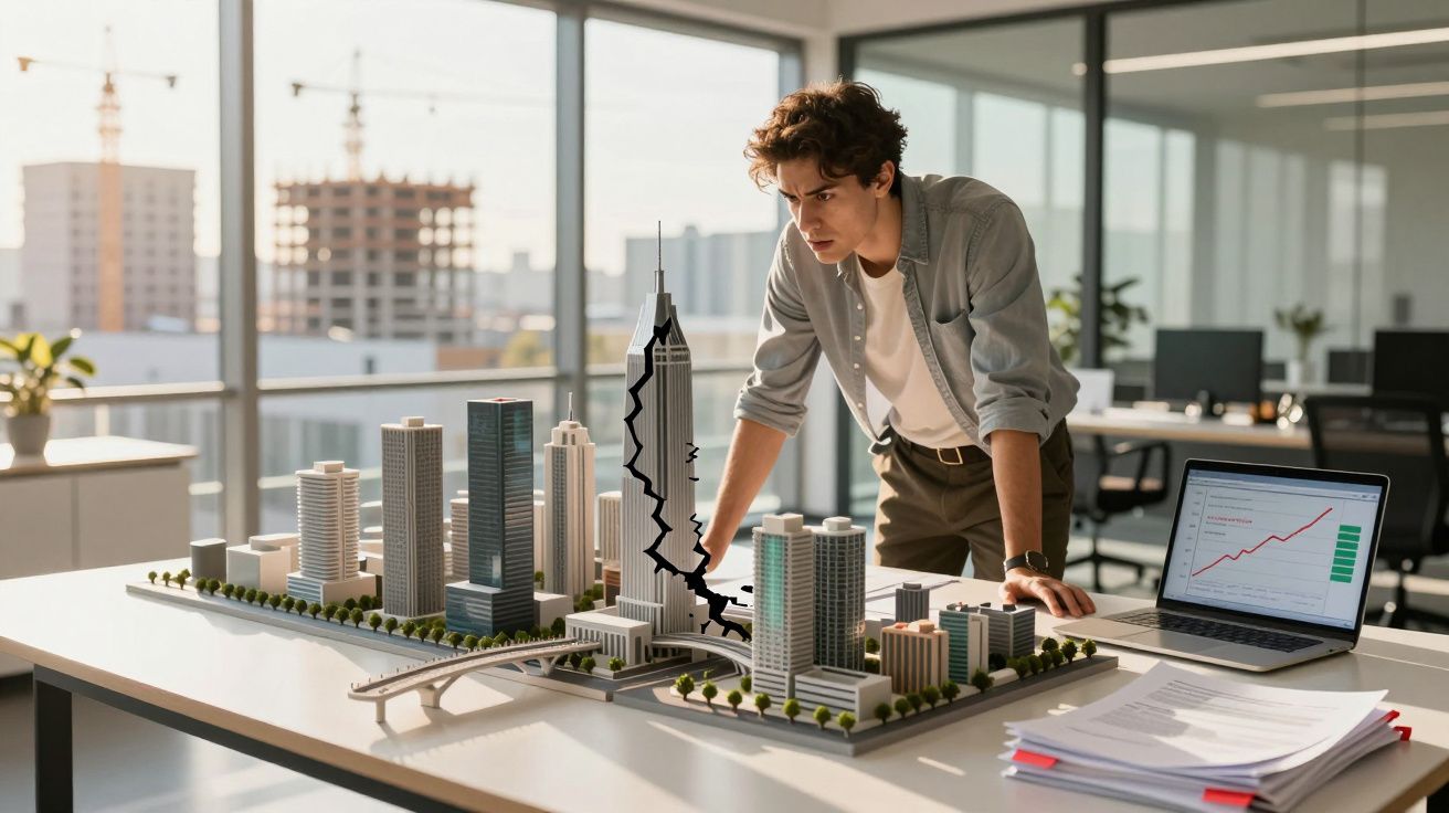 Homem analisando maquete de cidade com laptop exibindo gráfico em escritório moderno.