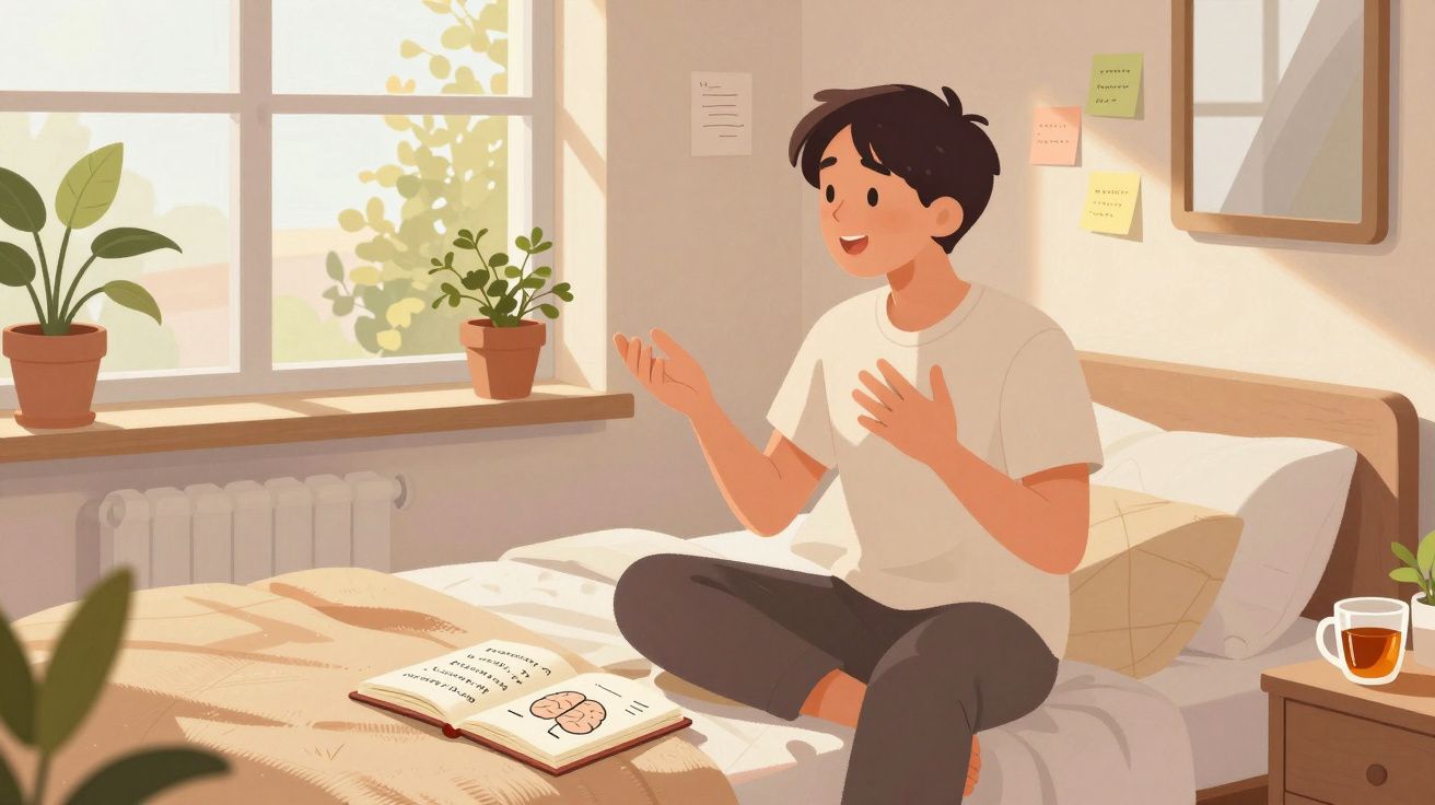 Jovem sentado na cama de seu quarto, falando e com livro aberto sobre o cérebro à sua frente.