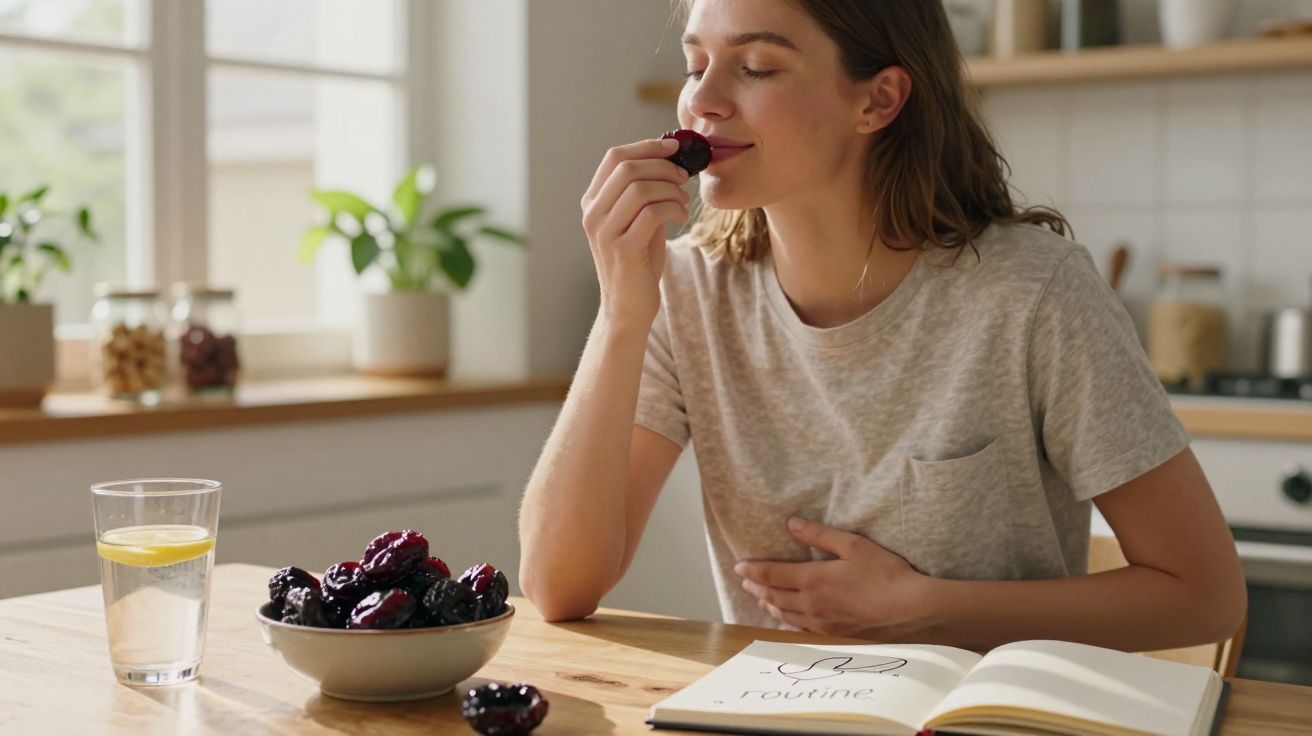 Mulher sentada à mesa comendo ameixa e apreciando o aroma, com copo de água e livro aberto.
