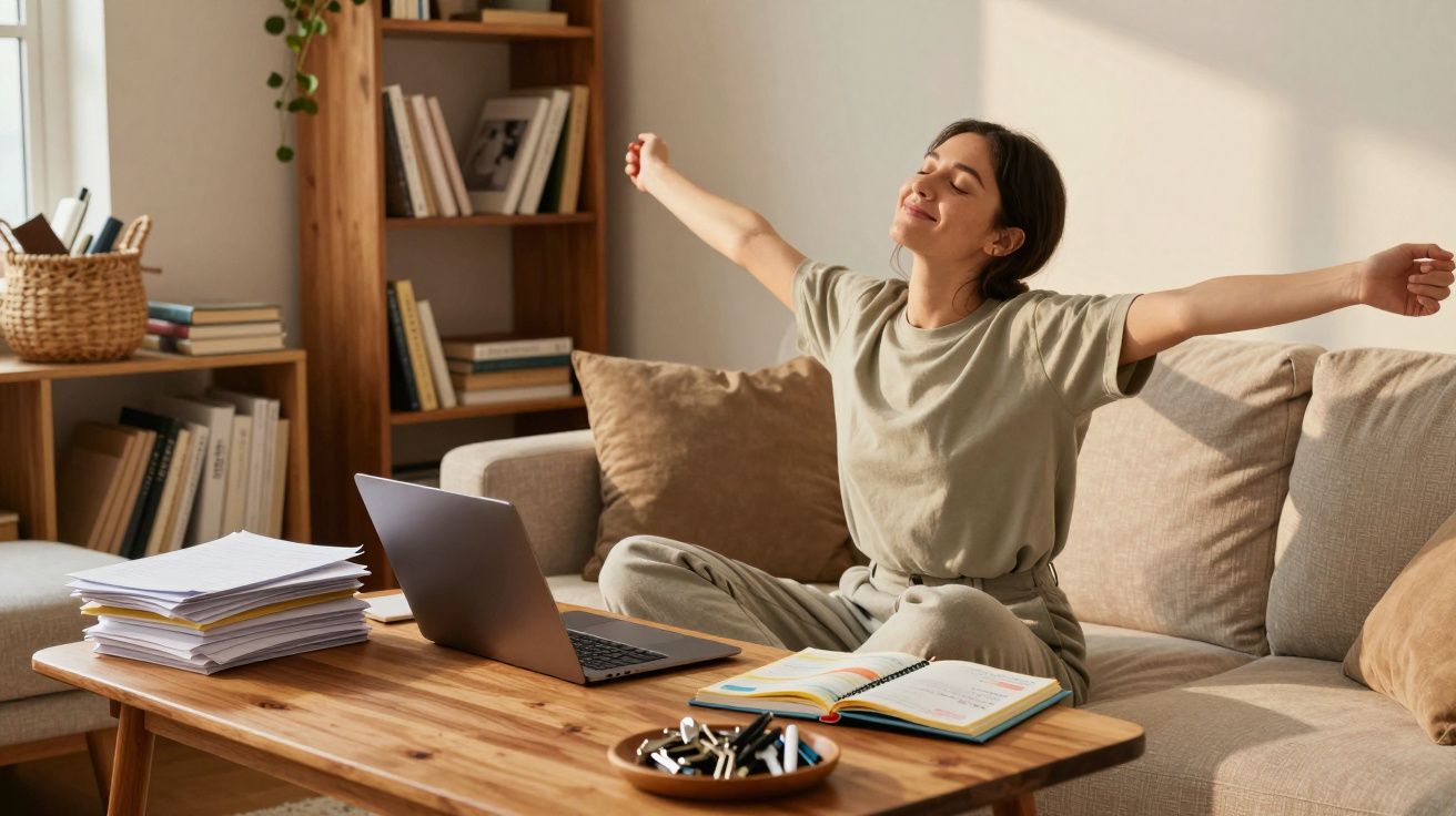 Mulher sentada no sofá, alongando os braços com olhos fechados e semblante relaxado em sala iluminada.