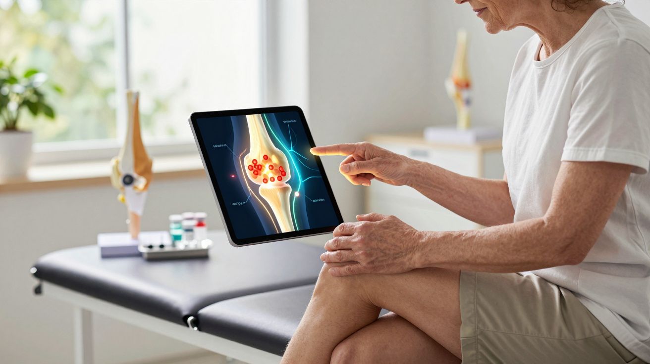 Mulher sentada segurando tablet com imagem digital de articulação do joelho inflamada em clínica.