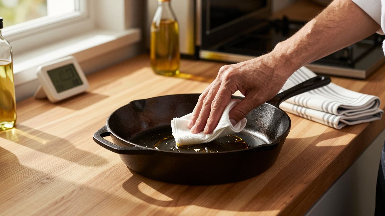 Pessoa limpa frigideira de ferro com pano branco em bancada de cozinha iluminada.