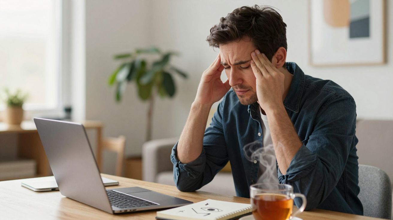 Homem sentado à mesa com expressão de dor de cabeça enquanto segura as têmporas, com laptop e chá à frente.