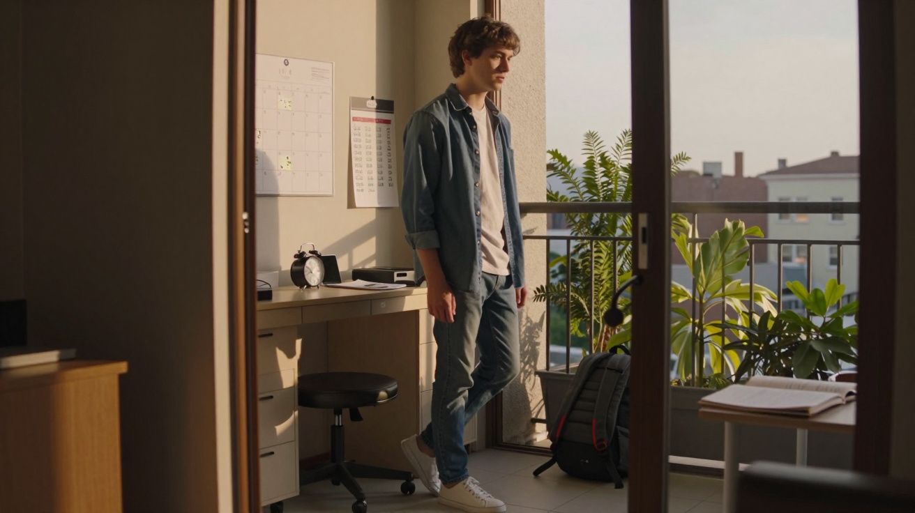 Jovem de camiseta branca e camisa azul está em pé, olhando para baixo em ambiente interno iluminado pelo sol.