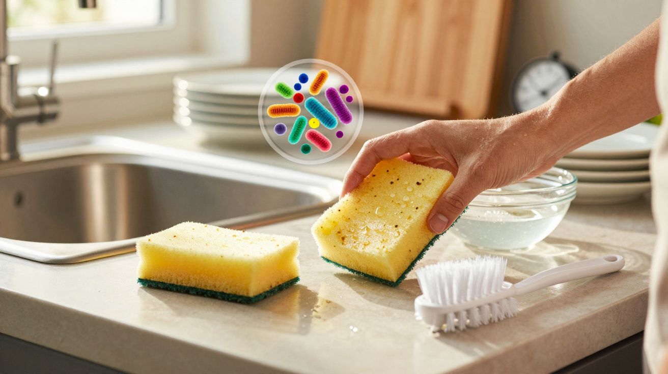 Pessoa segurando esponja amarela na pia da cozinha com ícone ilustrado de bactérias coloridas.