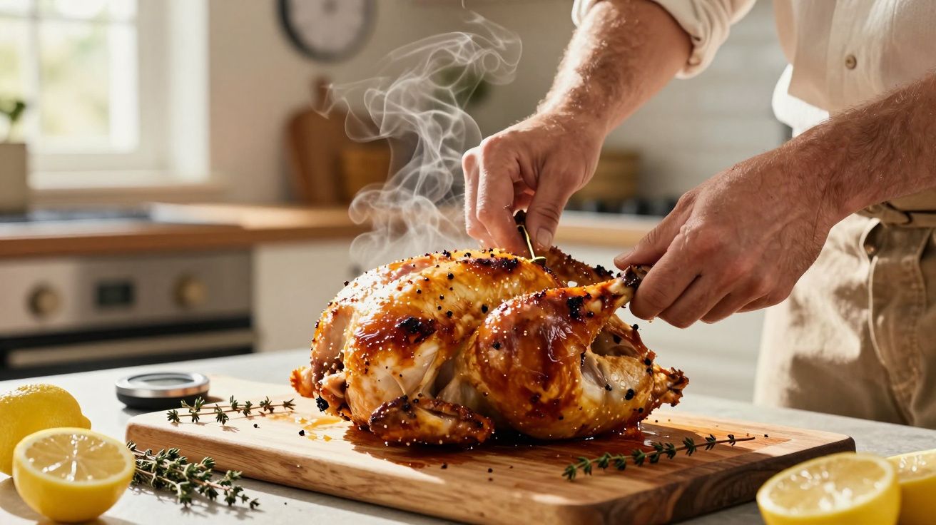 Pessoa cortando frango assado fumegante em tábua de madeira em cozinha iluminada natural.