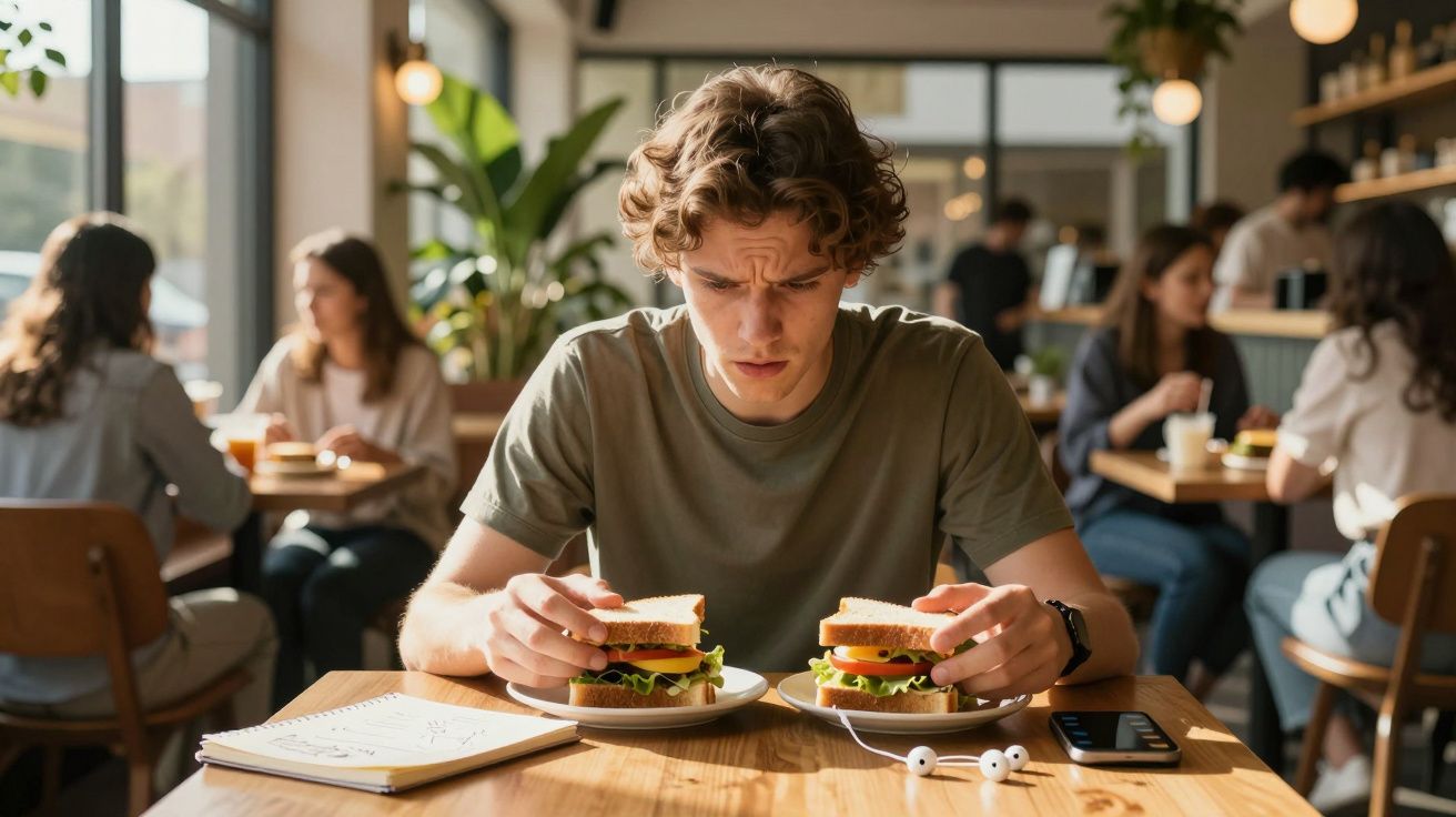 Homem com expressão confusa observa dois sanduíches em um café movimentado.