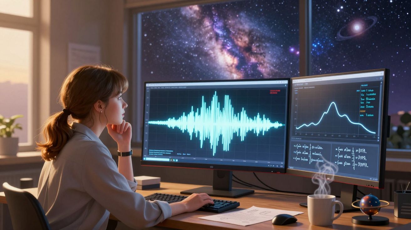 Mulher analisando gráficos astronômicos em dois monitores, com galáxia visível pela janela à noite.