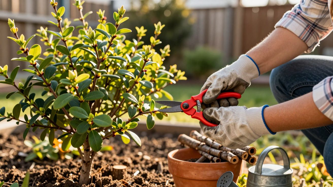 Pessoa podando planta com tesoura de jardim vermelha em canteiro de terra gramada.