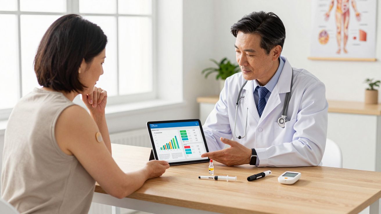 Médico mostrando gráfico de saúde em tablet para paciente durante consulta médica.