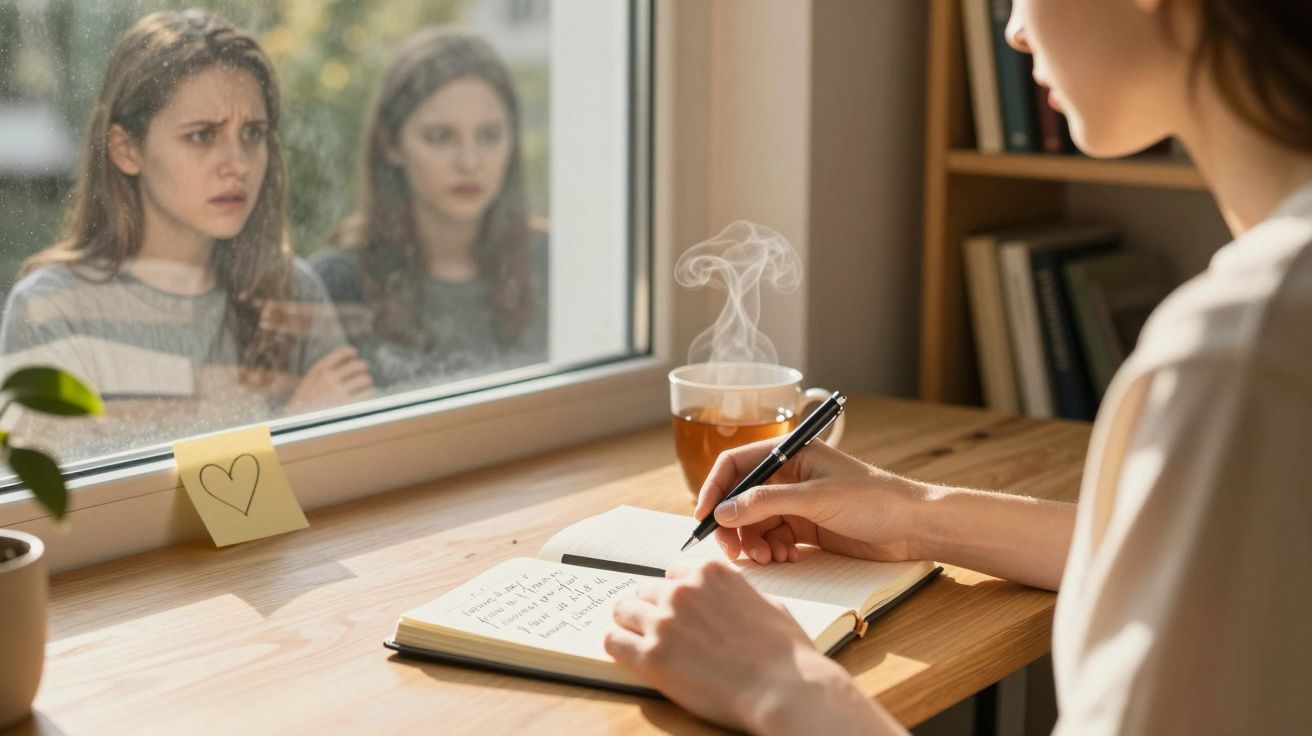 Pessoa escrevendo em diário com xícara de chá e duas pessoas observando pela janela.