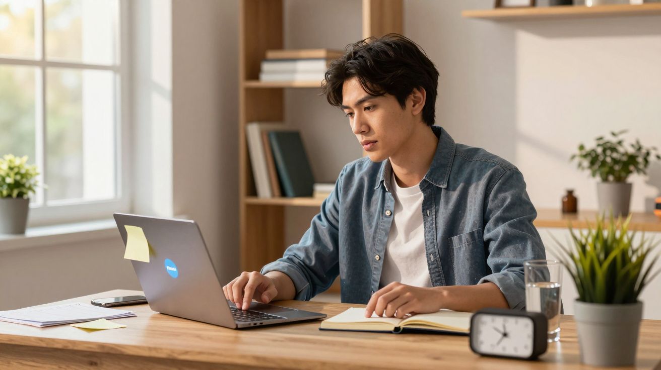 Homem jovem concentrado trabalhando em laptop numa mesa com caderno, relógio, copo d’água e plantas ao redor.