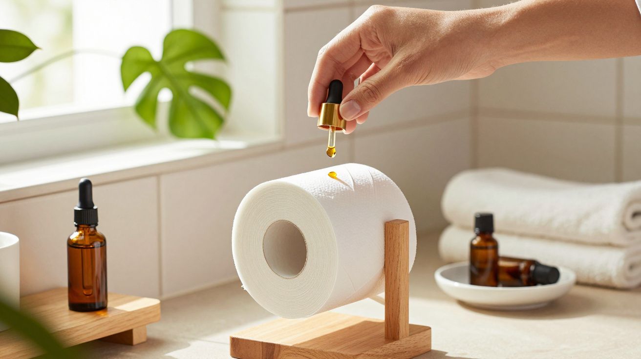 Mão pingando óleo essencial em papel higiênico branco em suporte de madeira no banheiro iluminado pela luz natural.