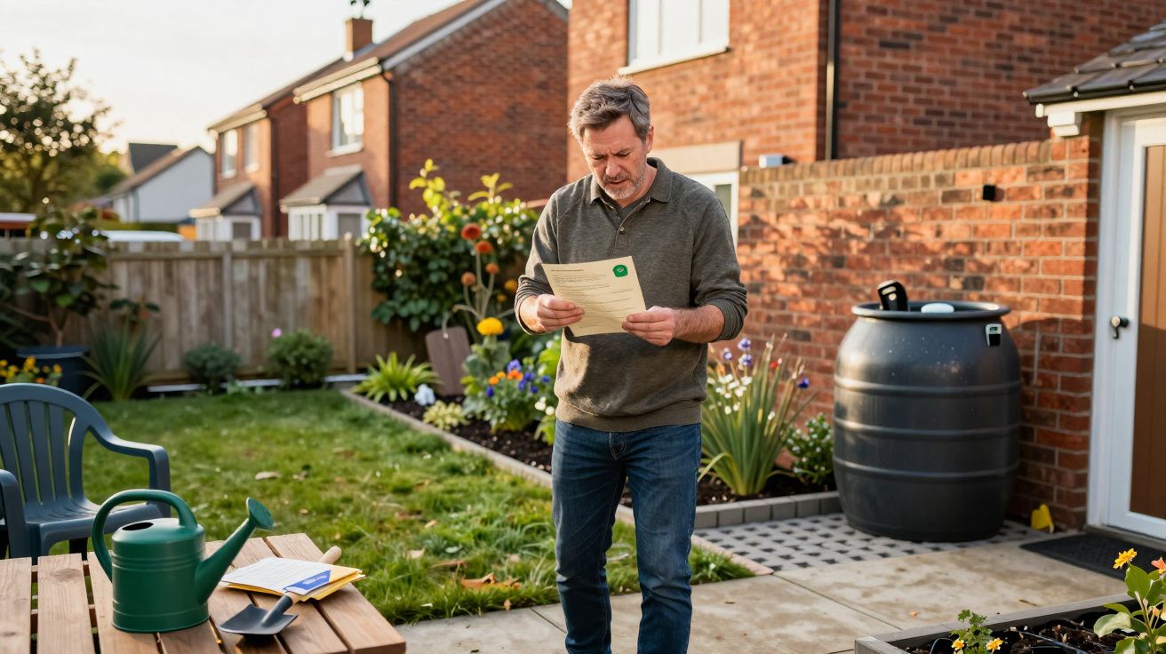 Homem lendo carta no jardim de casa durante o dia, com plantas, mesa e regador ao redor.
