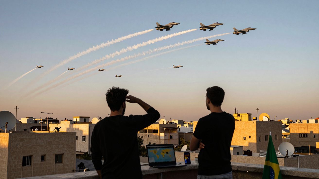 Dois homens observam formação de aviões militares voando sobre cidade ao pôr do sol.
