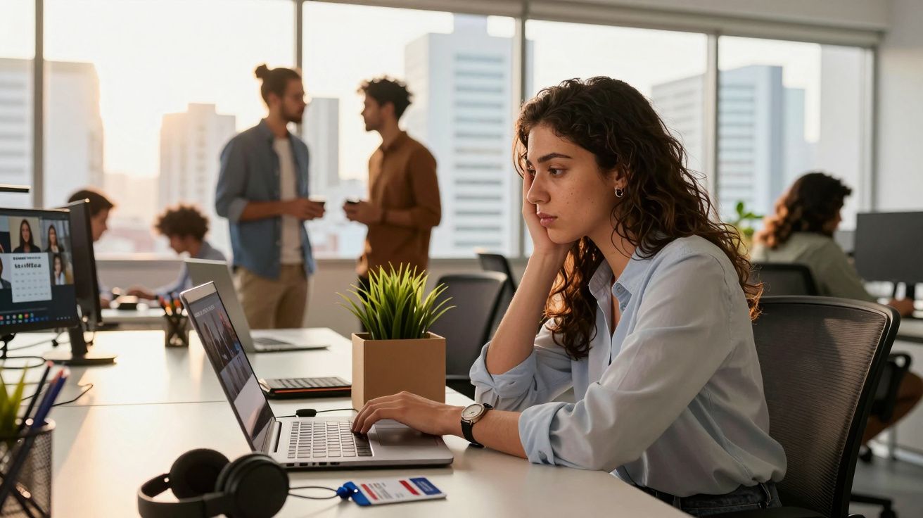 Jovem mulher concentrada trabalhando em laptop em escritório moderno com colegas ao fundo.