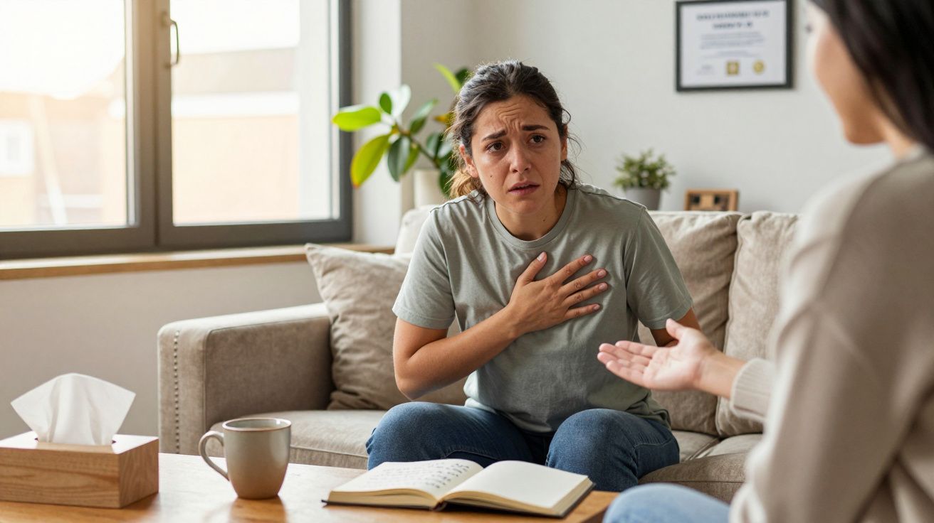 Mulher demonstrando ansiedade ou dor no peito sentada em sala durante conversa com outra pessoa.
