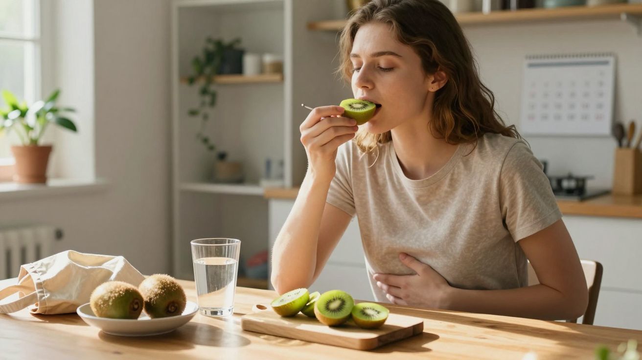 Mulher sentada à mesa comendo kiwi, com copo d'água e frutas sobre a mesa em cozinha iluminada.