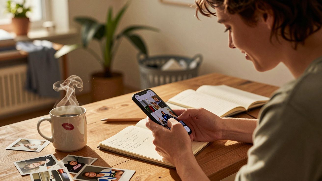 Pessoa usando celular em mesa de madeira com caderno aberto, fotos e caneca fumegante com marca de batom.
