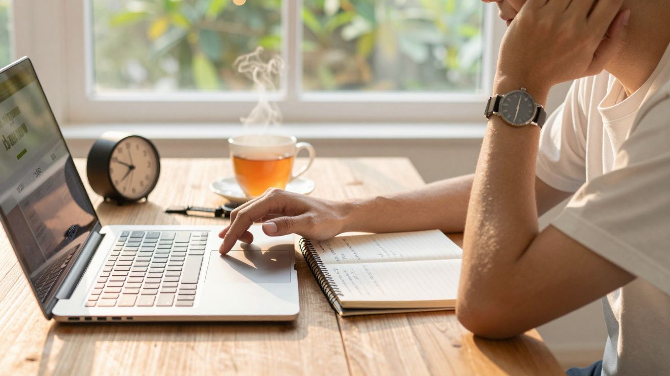 Pessoa usando computador portátil em mesa de madeira com caderno, relógio despertador e xícara de chá fumegante.