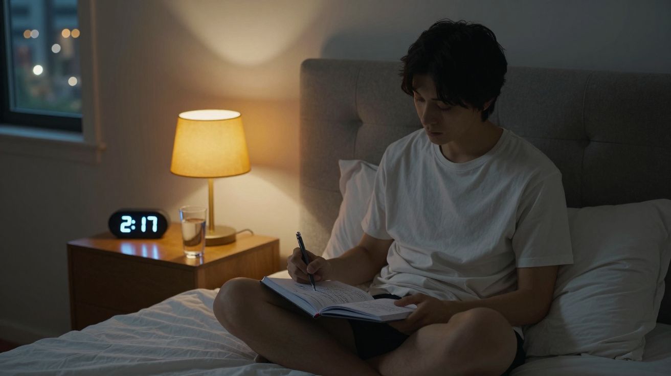 Jovem sentado na cama escrevendo em caderno à noite, com luminária e relógio marcando 2:17 ao fundo.