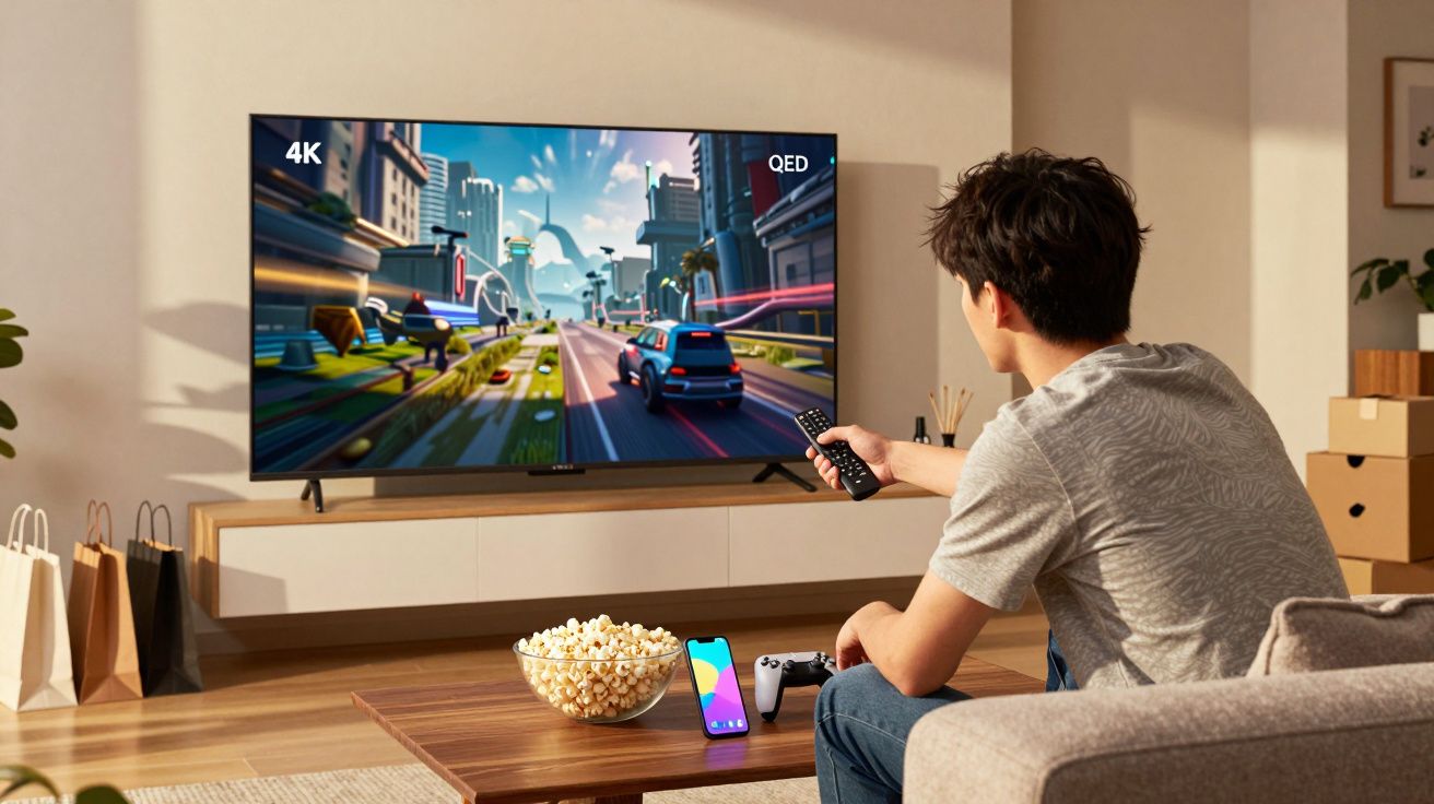 Homem sentado no sofá usando controle remoto para assistir jogo de corrida em TV 4K QED.