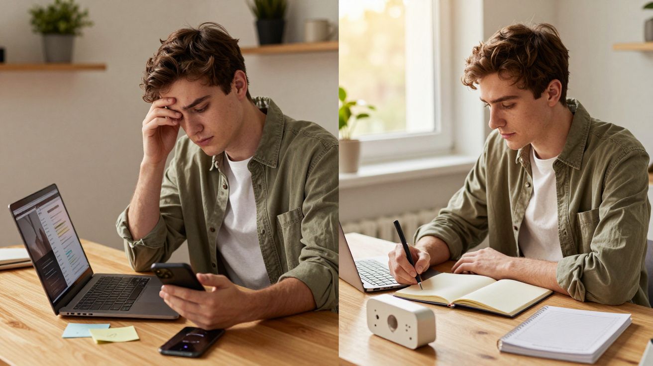 Homem jovem sentado à mesa, preocupado olhando celular e depois escrevendo em caderno ao lado de laptop.