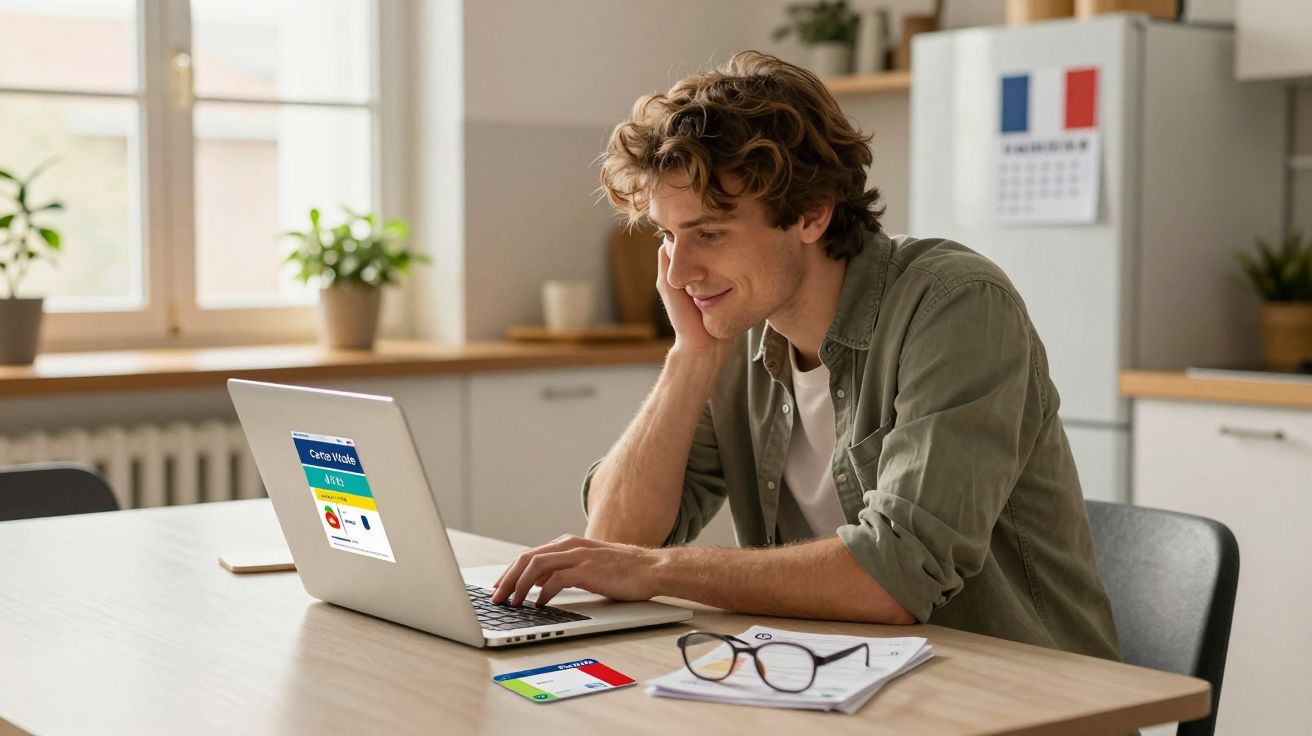 Jovem sorridente usando laptop em mesa com documentos, óculos e cartão em ambiente iluminado e aconchegante.