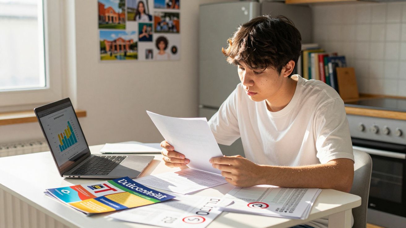 Jovem analisando documentos e gráficos enquanto estuda em mesa com notebook em ambiente doméstico.