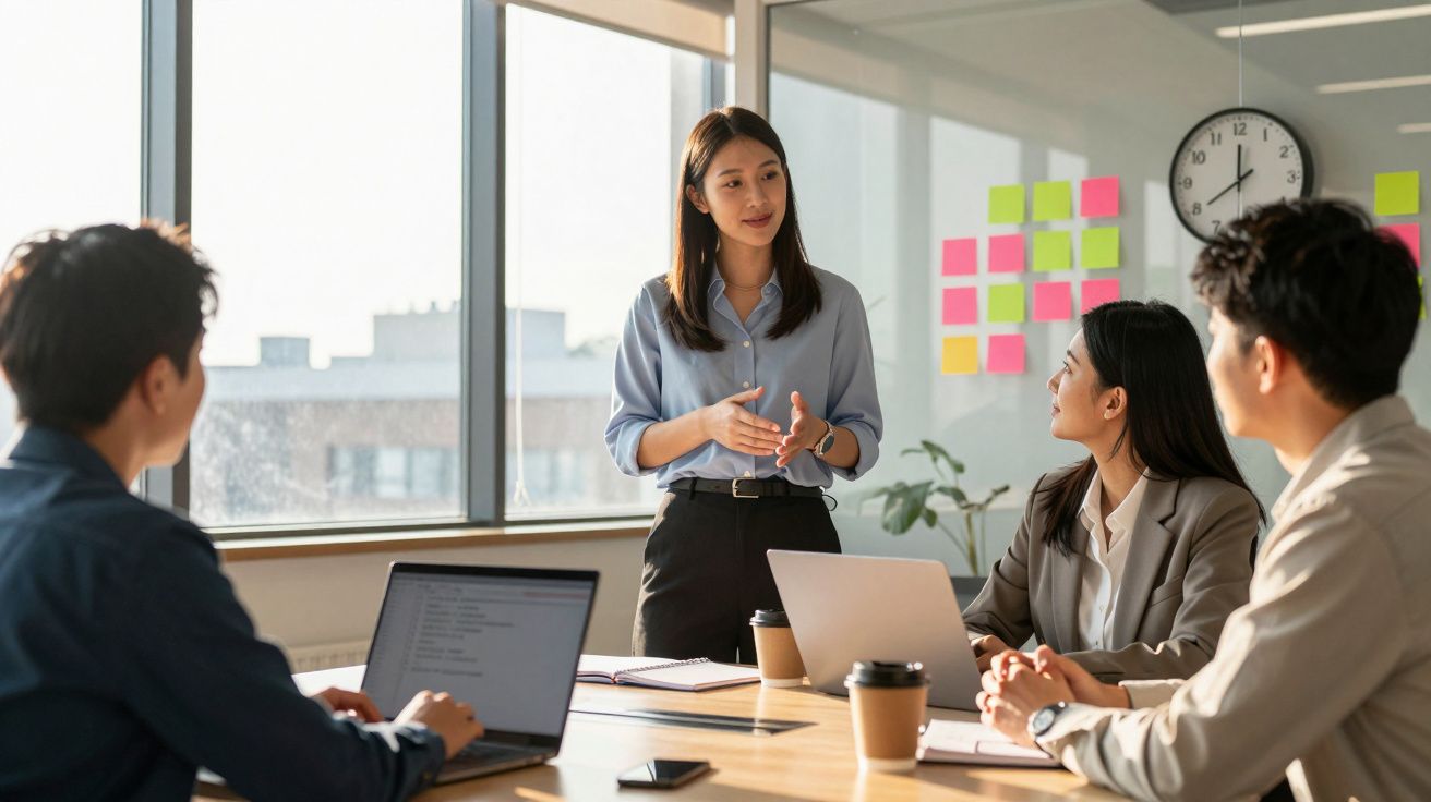 Mulher executiva falando para colegas em reunião de negócios com laptops e café em sala iluminada por janela.