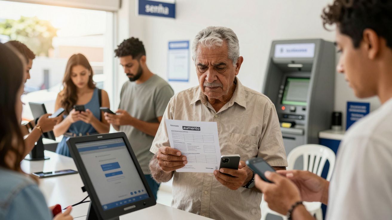 Homem idoso segurando documento e celular em fila de atendimento com outras pessoas usando smartphones.
