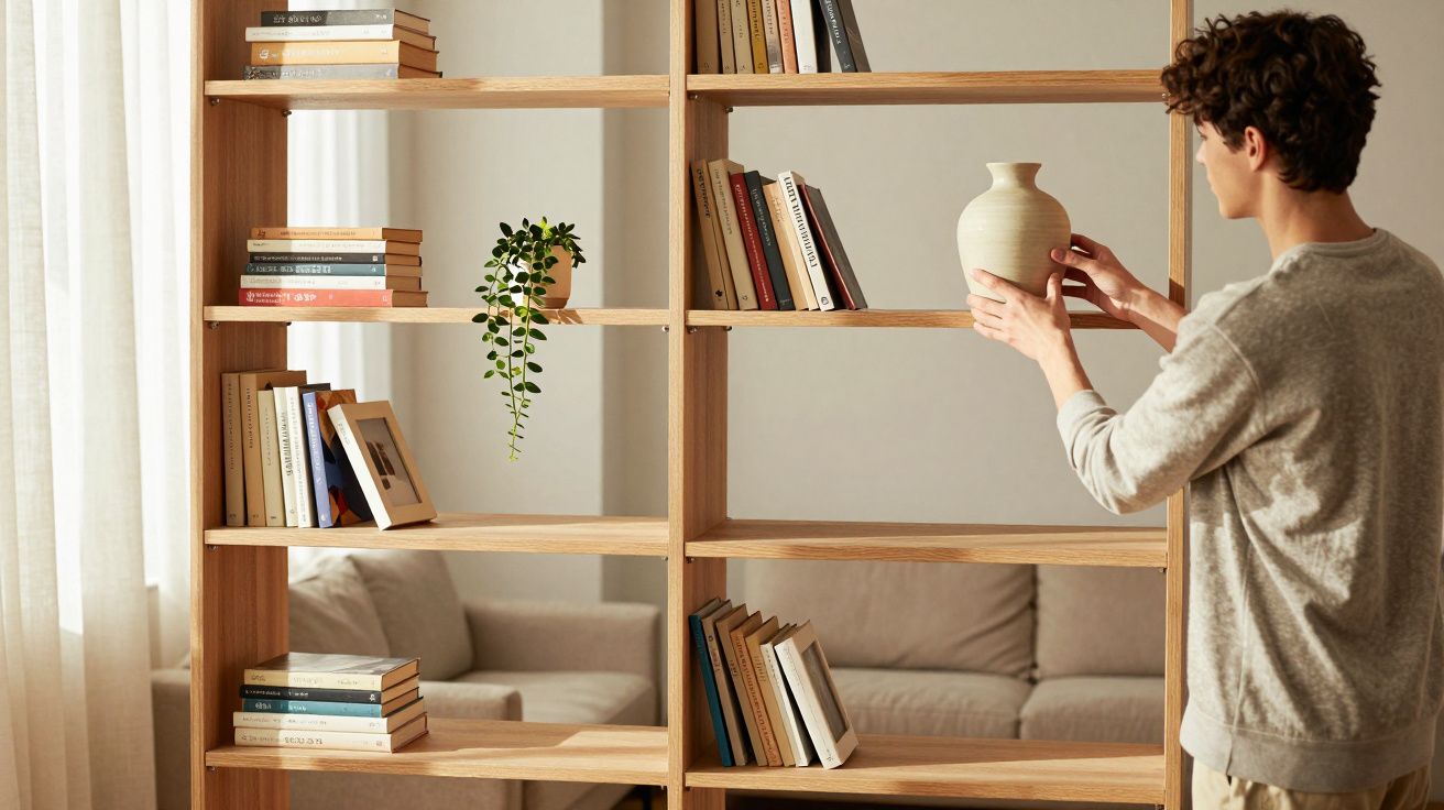 Homem organizando vaso em estante de madeira com livros e planta, sala com sofá ao fundo.