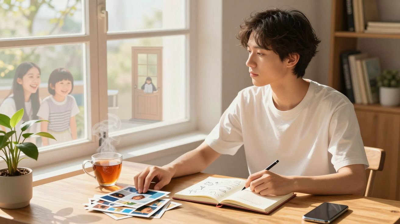 Jovem sentado à mesa escrevendo em caderno perto de fotos enquanto duas pessoas observam pela janela.