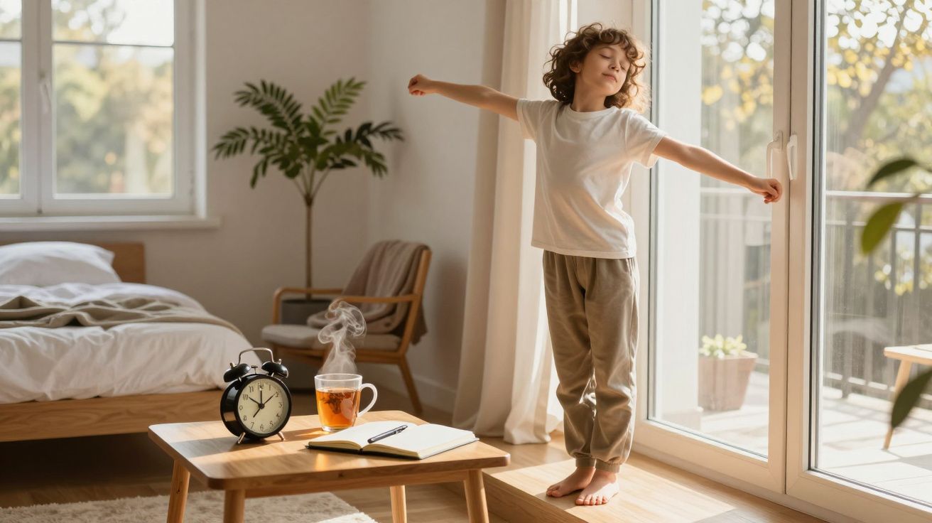 Criança esticando os braços perto de porta de vidro, com mesa contendo despertador, xícara de chá e caderno.