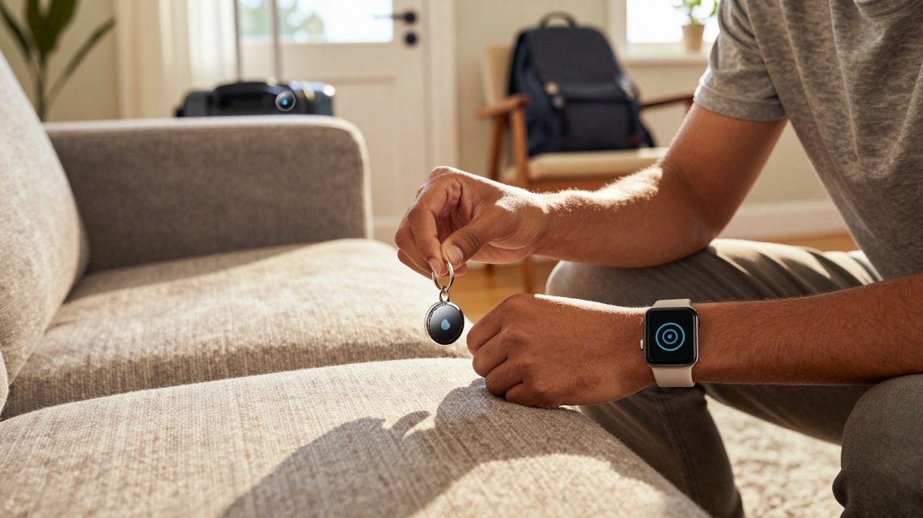 Pessoa segurando rastreador de objeto perto de sofá cinza em sala iluminada, com smartwatch no pulso.
