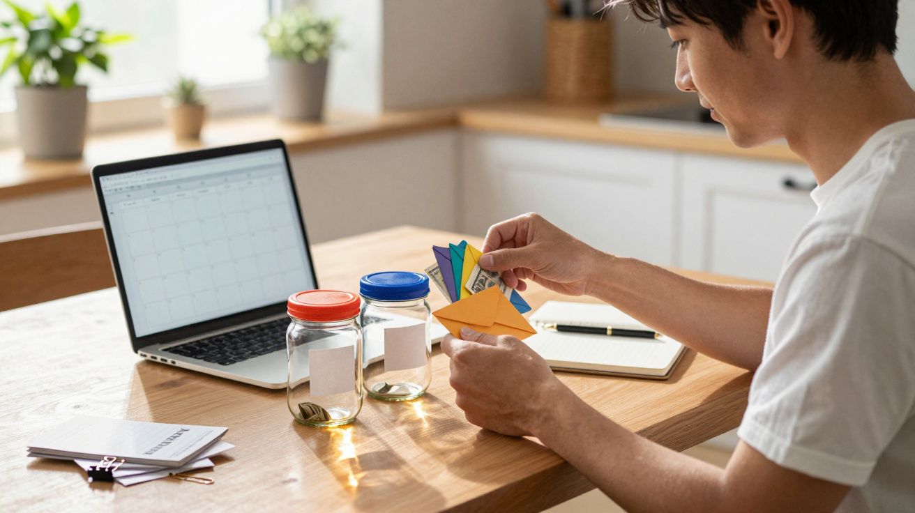Pessoa guardando dinheiro em envelope de origami ao lado de dois potes e laptop aberto em mesa de madeira.