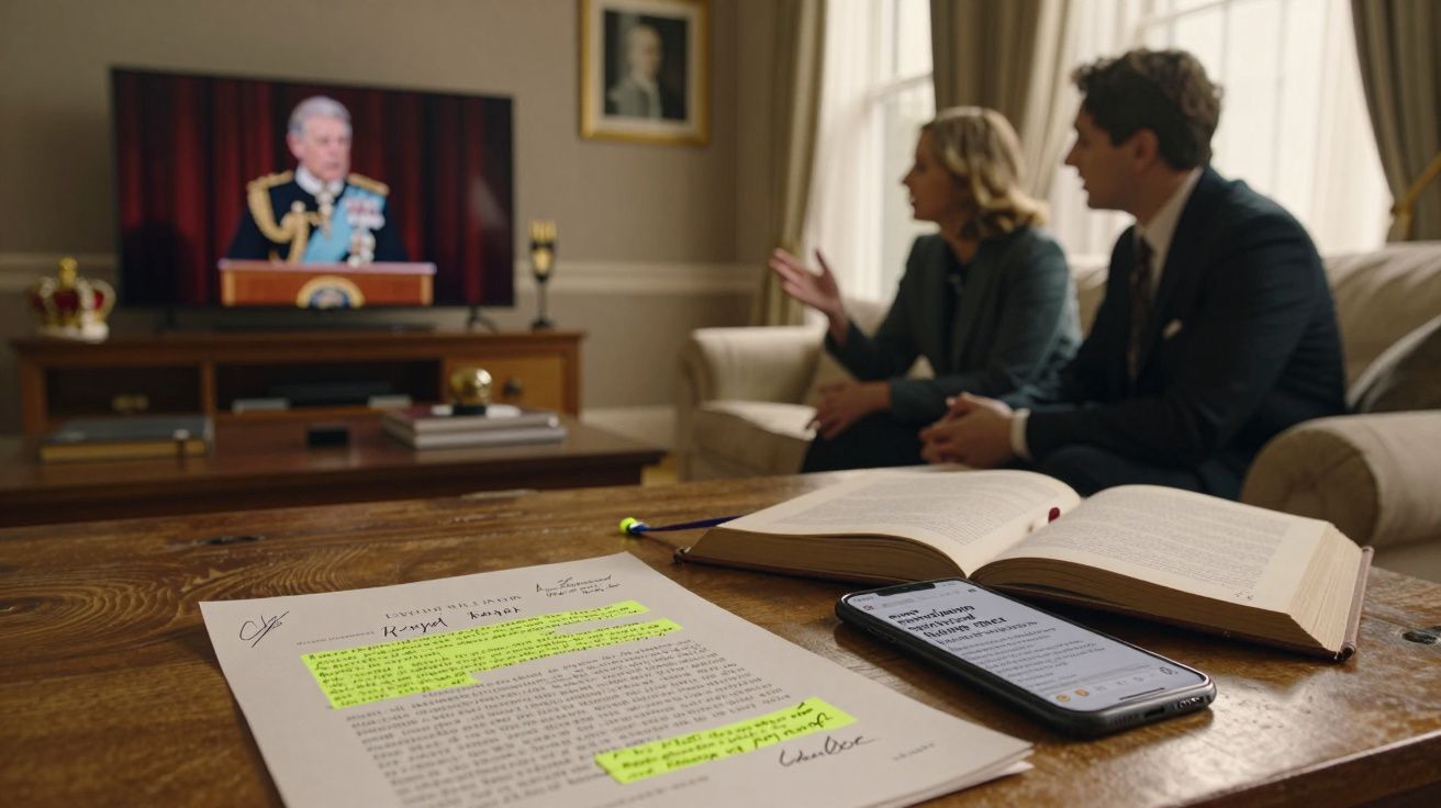 Documento com marcações em destaque, livro aberto e smartphone sobre mesa, casal assistindo a discurso na TV ao fundo.