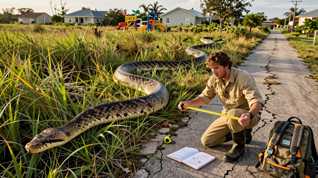 Homem medindo com trena uma cobra gigante ao lado de estrada em área residencial.