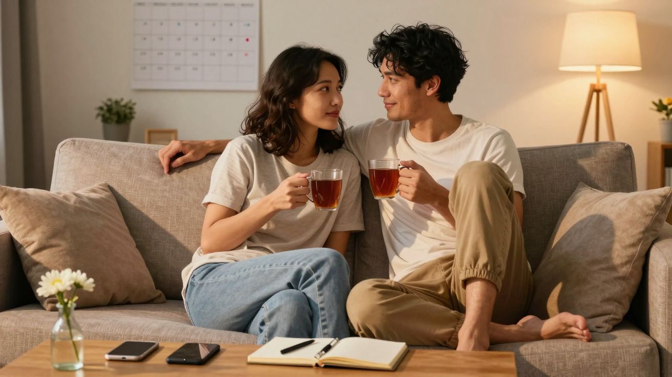 Casal sentado no sofá tomando chá e olhando um para o outro com carinho em ambiente aconchegante.