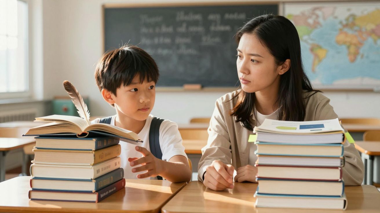 Criança e mulher sentadas em sala de aula, com pilhas de livros à frente, conversando.